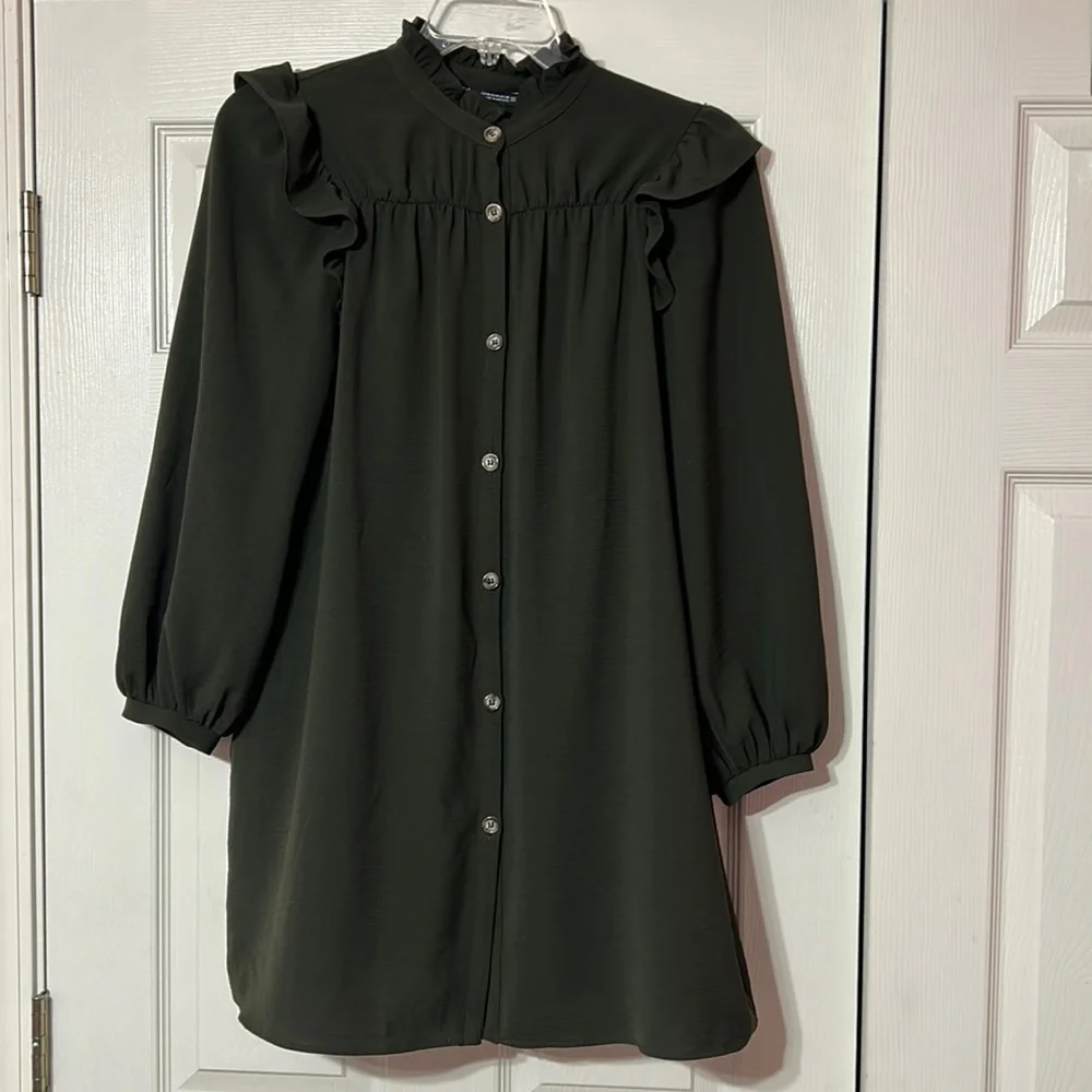 ZARA Women’s Olive Green Ruffle High  Neck Mini Dress Size M - Picture 3 of 7